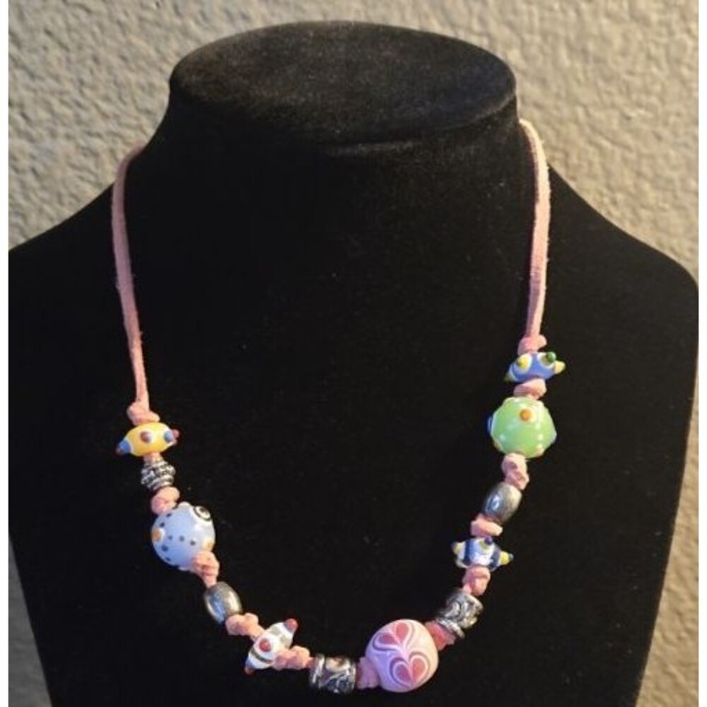 Set of 2 Artisan Art Glass Bead Necklaces Rainbow Leather Cord Handmade Jewelry
